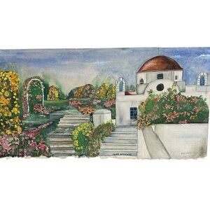 Orginal Watercolor Landscape Painting Elsie McCormick Mediterranean Garden 10x21
